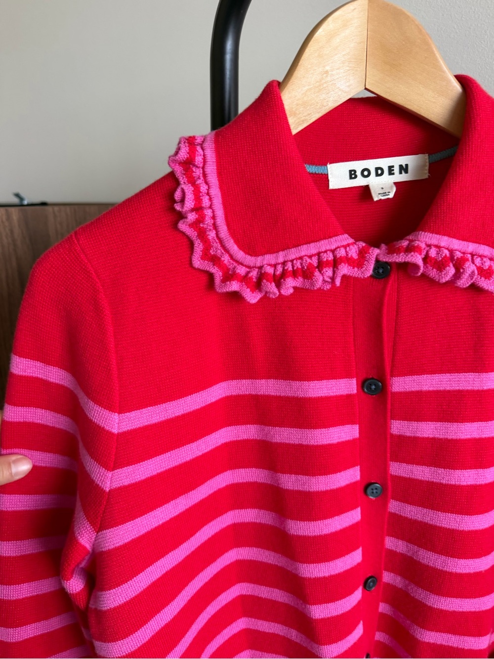 Boden Red & Pink Striped Ruffle Collar Cardigan Sweater Size S NWOT Wool Cotton - Picture 13 of 13